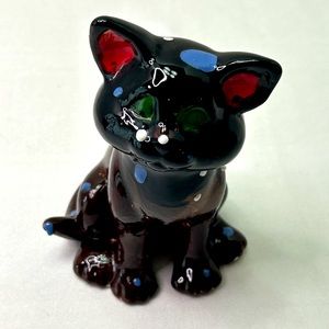 Vintage Redware Black Cat Figurine Green Eyes Red Bow VGUC